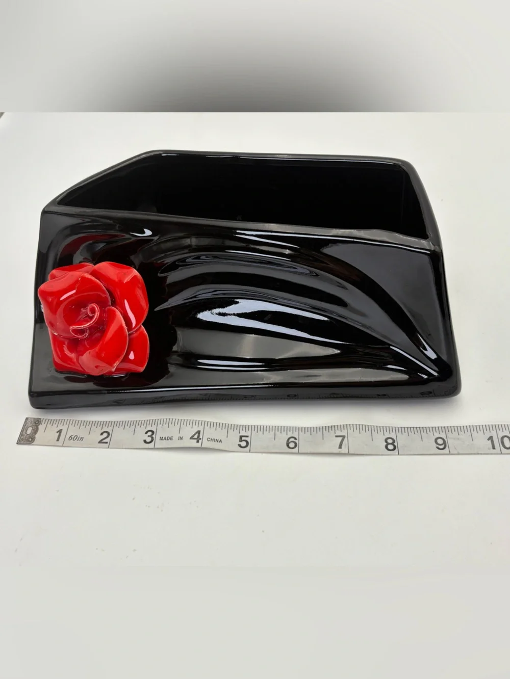 Art Deco Style Black Ceramic and Red Rose Lidded Box and Open Container